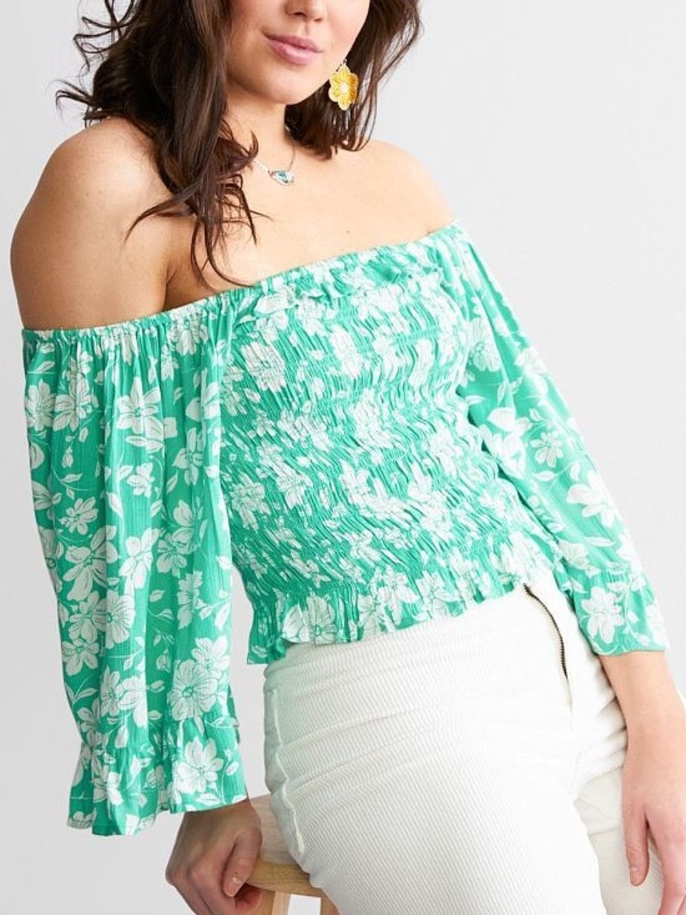 Billabong Green Floral Smocked Off-Shoulder Top